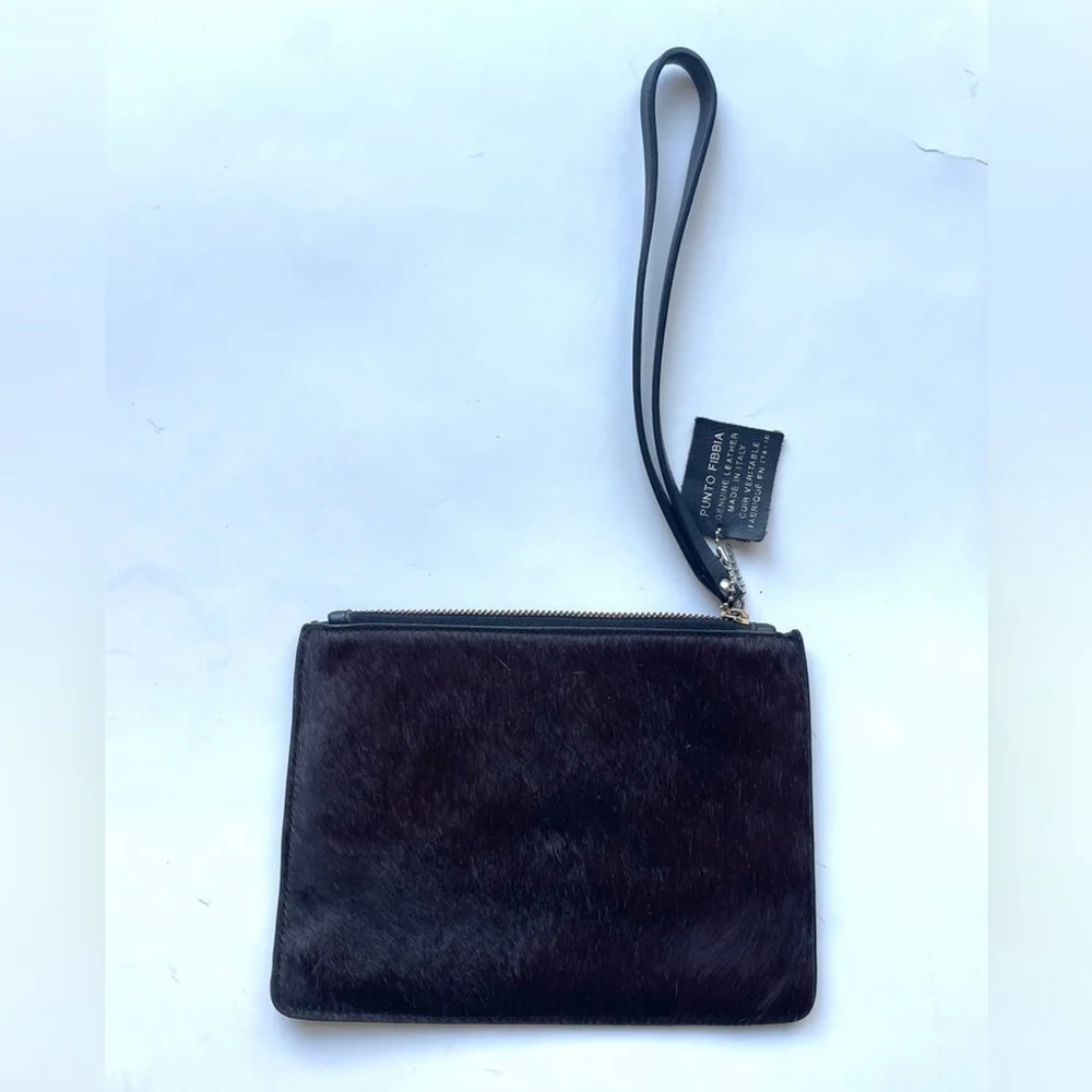 Punto Fibra Genuine Italian Leather Calf Hair Wristlet | Brown Minimalist Clutch - Picture 2 of 7